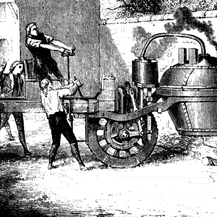Ein von einer Dampfmaschine betriebenes Fahrzeug auf einer Straße, das von mehreren Männern bedient wird