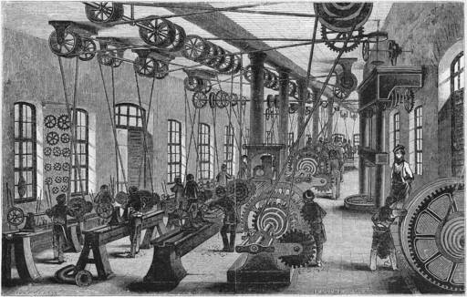 Fabrikhalle in der Mitte des 19. Jahrhundert mit Triebriemen, die Werkzeugmaschinen antreiben