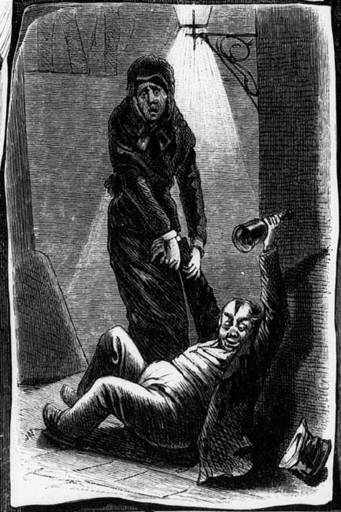 Eine Frau sieht entstezt auf einem betrunkenen Mann, der auf dem Boden liegt und eine Flasche in der Hand hält.