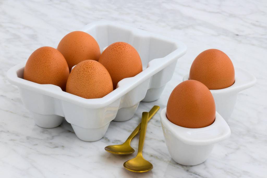 Sechs Eier stehen in Eicherbechern auf einem Tisch. Daneben liegen zwei goldene Löffel.