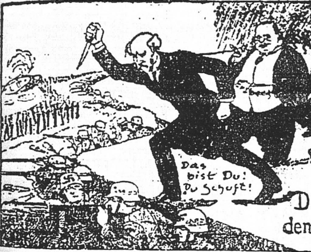1924 political cartoon showing Philipp Scheidemann and Matthias Erzberger as stabbing the German army in the back