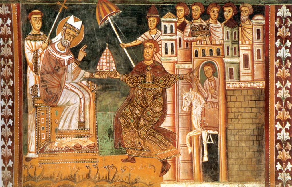 Darstellung der angeblichen Schenkung auf einem Fresko aus dem Jahre 1246.  Konstantin der Großen (rechts kniend) übergibt Papst Silvester I. (links sitzend) das Phrygium (kegelförmige Haube und Vorgänger der Tiara), den Baldachin und den Papstpalast.
