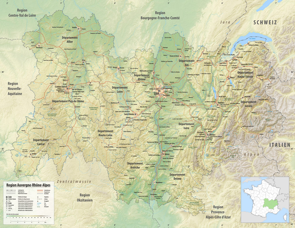 Reliefkarte der Region Auvergne-Rhône-Alpes