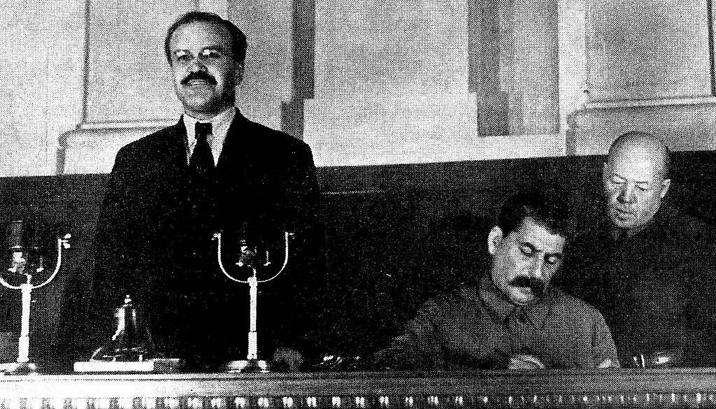 17th Congress of the All-Union Communist Party (Bolsheviks). Molotov, Stalin, Poskrebyshev (left to right).