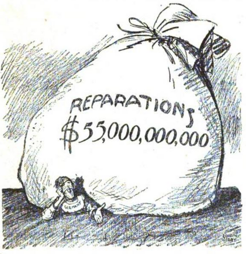 American contemporary view of unreasonable German World War I war reparations. Political cartoon 1921.