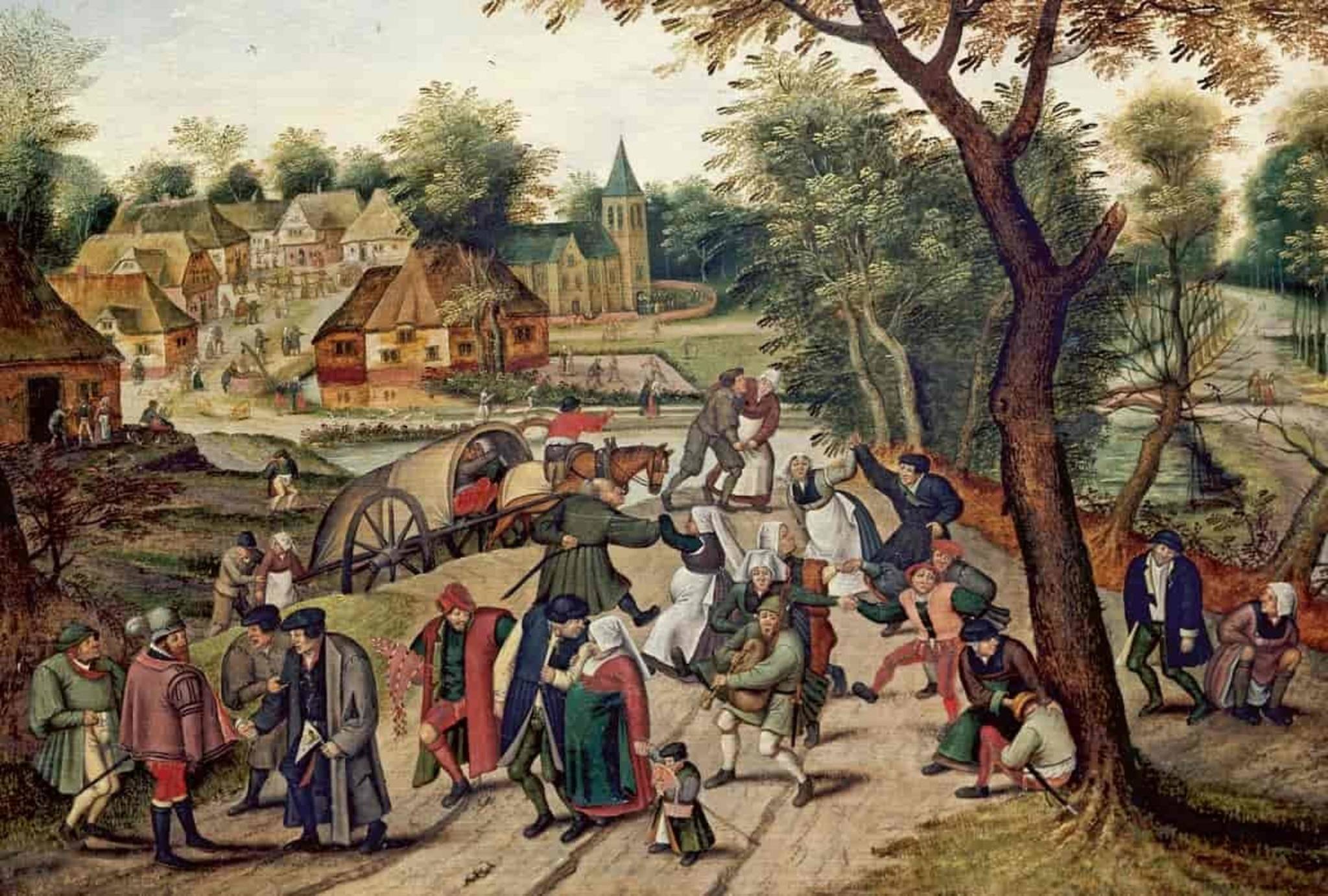 Gemälde von Pieter Brueghel: Zu sehen ist eine mittelalterliche Stadtszene. Menschen tanzen am Rande der Stadt.