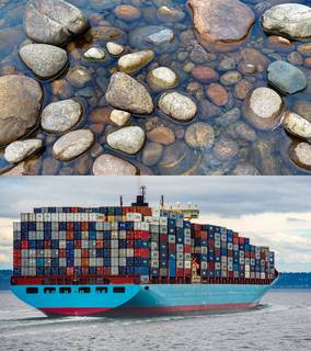 Oben: Ein Foto von Steinen, die sich am Grund eines Teichs befinden. Unten: Foto eines Containerschiffs, das auf dem Meer fährt.