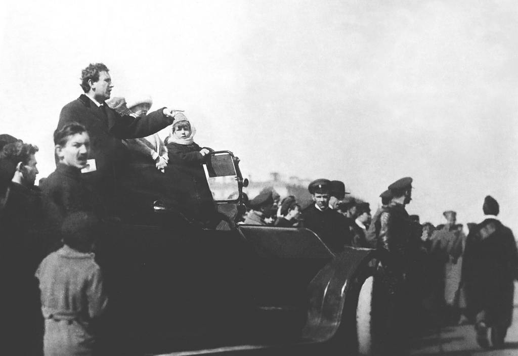 Grigory Zinoviev, Chairman of The Petrograd Soviet addresses the crowd on the first International Workers' Day after the October Uprising (the Bolshevik Revolution)