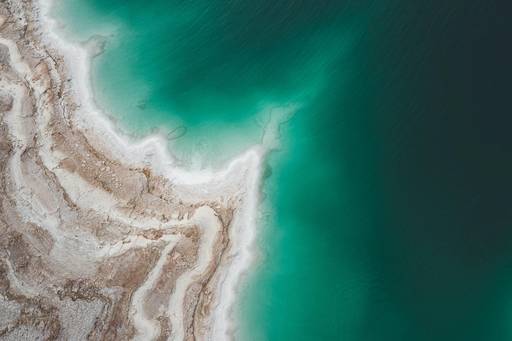 Foto der Küste des Toten Meeres aus der Vogelperspektive. An der Küste befinden sich Salzablagerungen.
