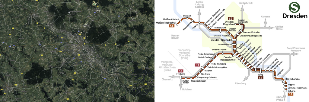 Auf der linken Seite befindet sich ein Satellitenbild von Dresden und der näheren Umgebung, auf dem Ortsnamen und Hauptstraßen eingezeichnet sind. Auf der rechten Seite befindet sich ein Liniennetzplan für die S-Bahn Dresden.