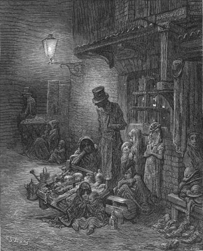 Straßenszene in einem Armenviertel Londons im 19. Jahrhunderts.