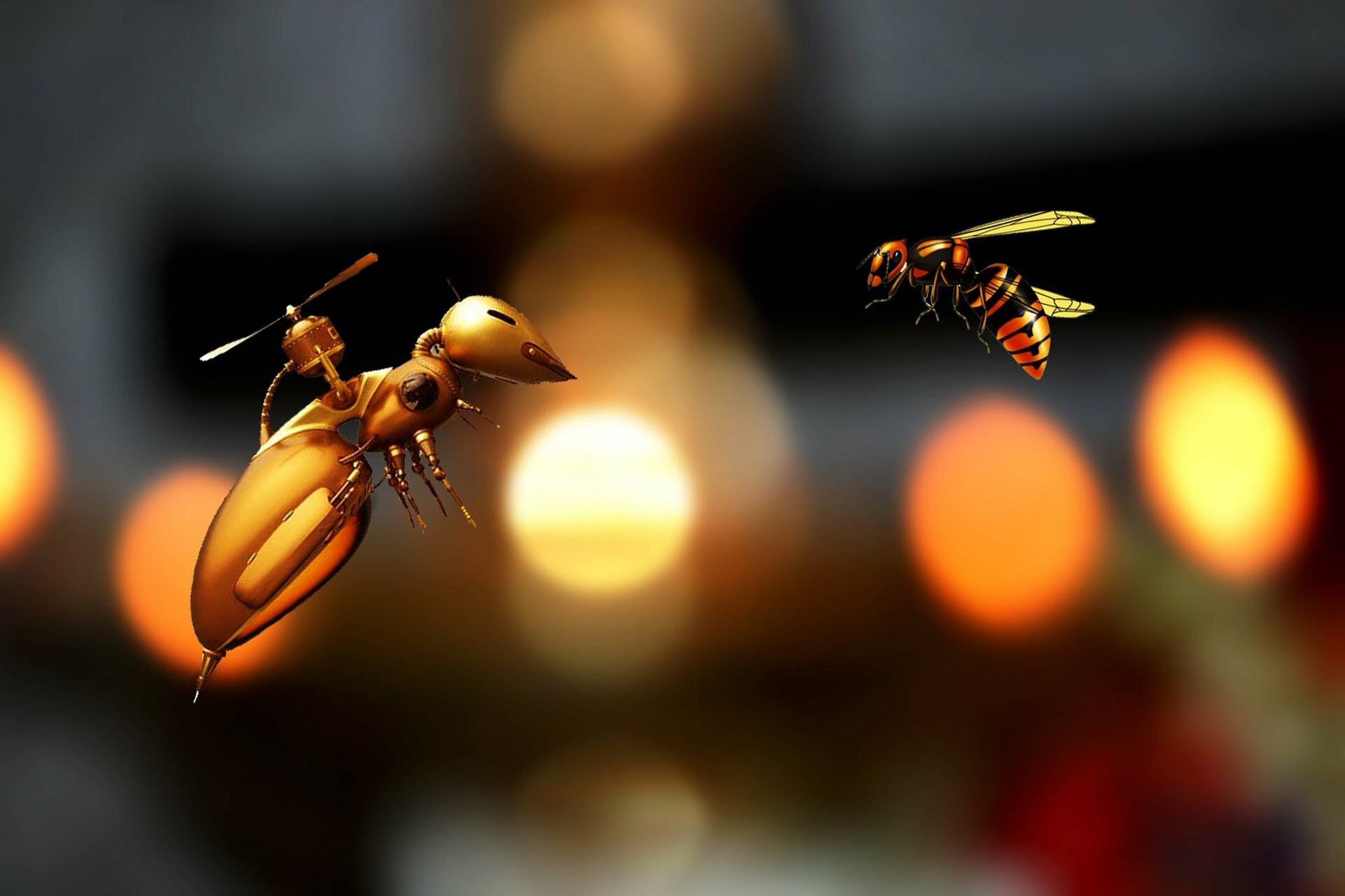Eine Roboterbiene und eine echte Biene face to face